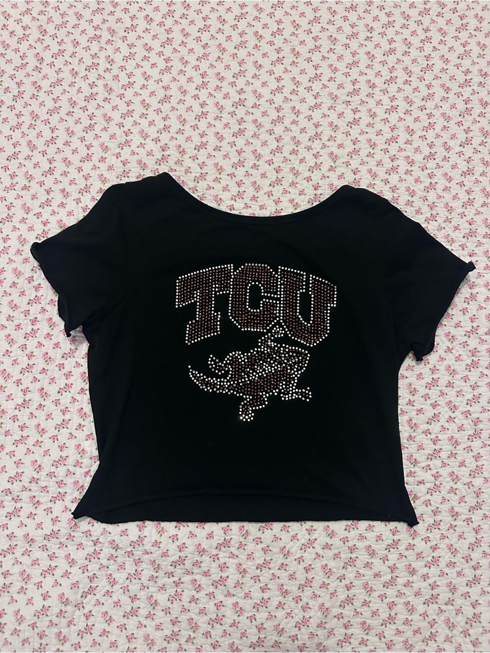 TCU Rhinestone Cropped Black Tee